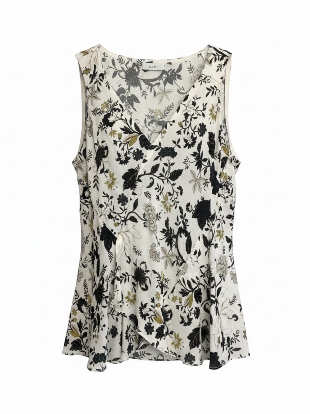 A.L.C. Floral V-Neck Sleeveless Top in Ivory,Black, Olive 100% silk‎